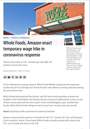 Whole Foods, Amazon Enact Temporary Wage Hike in Coronavirus Response