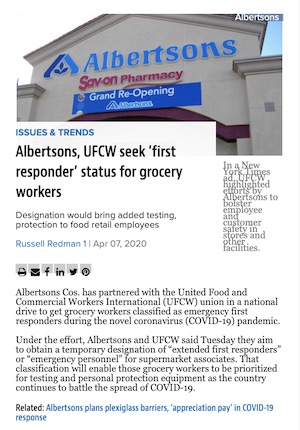 Albertsons, UFCW Seek ‘First Responder’ Status for Grocery Workers