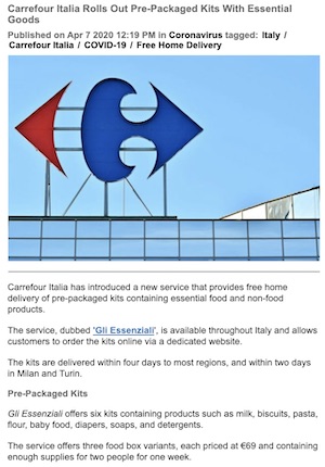Carrefour Italia Rolls Out Pre-packaged Kits With Essential Goods