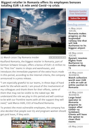 Kaufland: Biggest Retailer in Romania Offers Its Employees Bonuses Amid Covid-19 Crisis