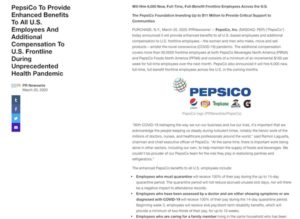 PepsiCo to Provide Enhanced Benefits To All U.S. Employees and Additional Compensation to U.S Frontline Workers During Unprecedented Health Pandemic