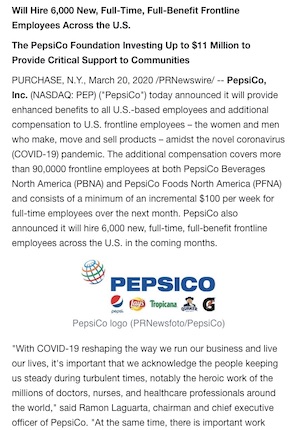PepsiCo to Provide Enhanced Benefits To All U.S. Employees and Additional Compensation to U.S Frontline Workers During Unprecedented Health Pandemic