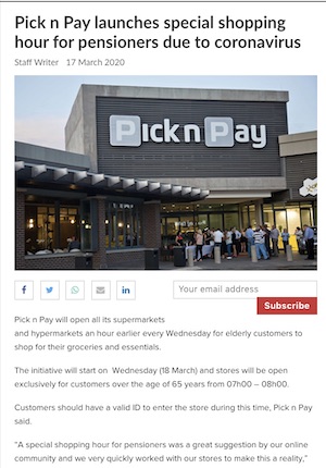 Pick n’ Pay Launches Special Shopping Hour for Pensioners Due to Coronavirus