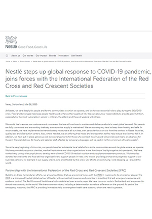 Nestlé Steps Up Global Response to COVID-19 Pandemic, Joins Forces with the International Federation of the Red Cross and Red Crescent Societies
